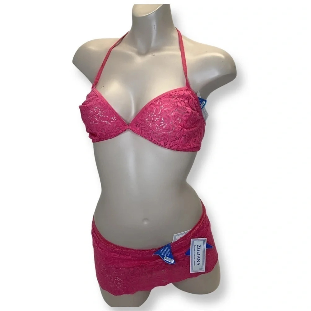 Zuliana Size Large Dark Pink 3 Piece Lace Set. Made in Brazil, New With Tags.